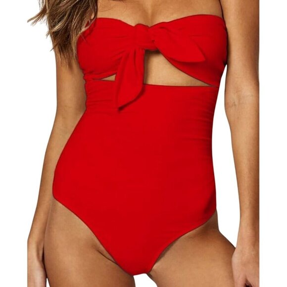Stunning Red Bandeau Tie Front Cut Out One Piece Swimsuit Size XL - Picture 6 of 9
